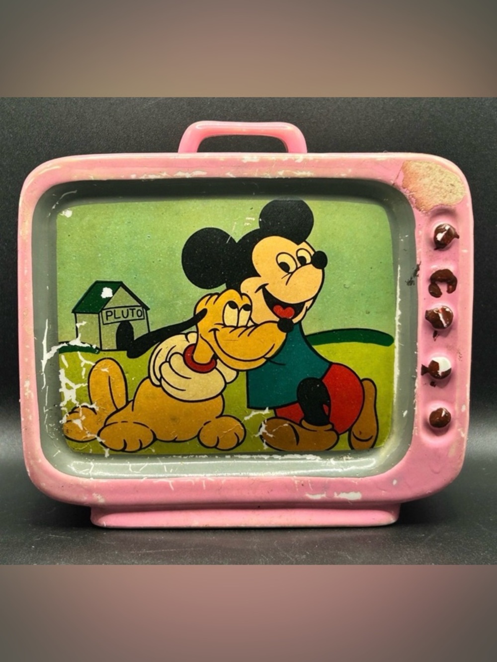 Vintage Old Disney Mickey Mouse Pluto Pink TV Ceramic Piggy Bank, Collectible